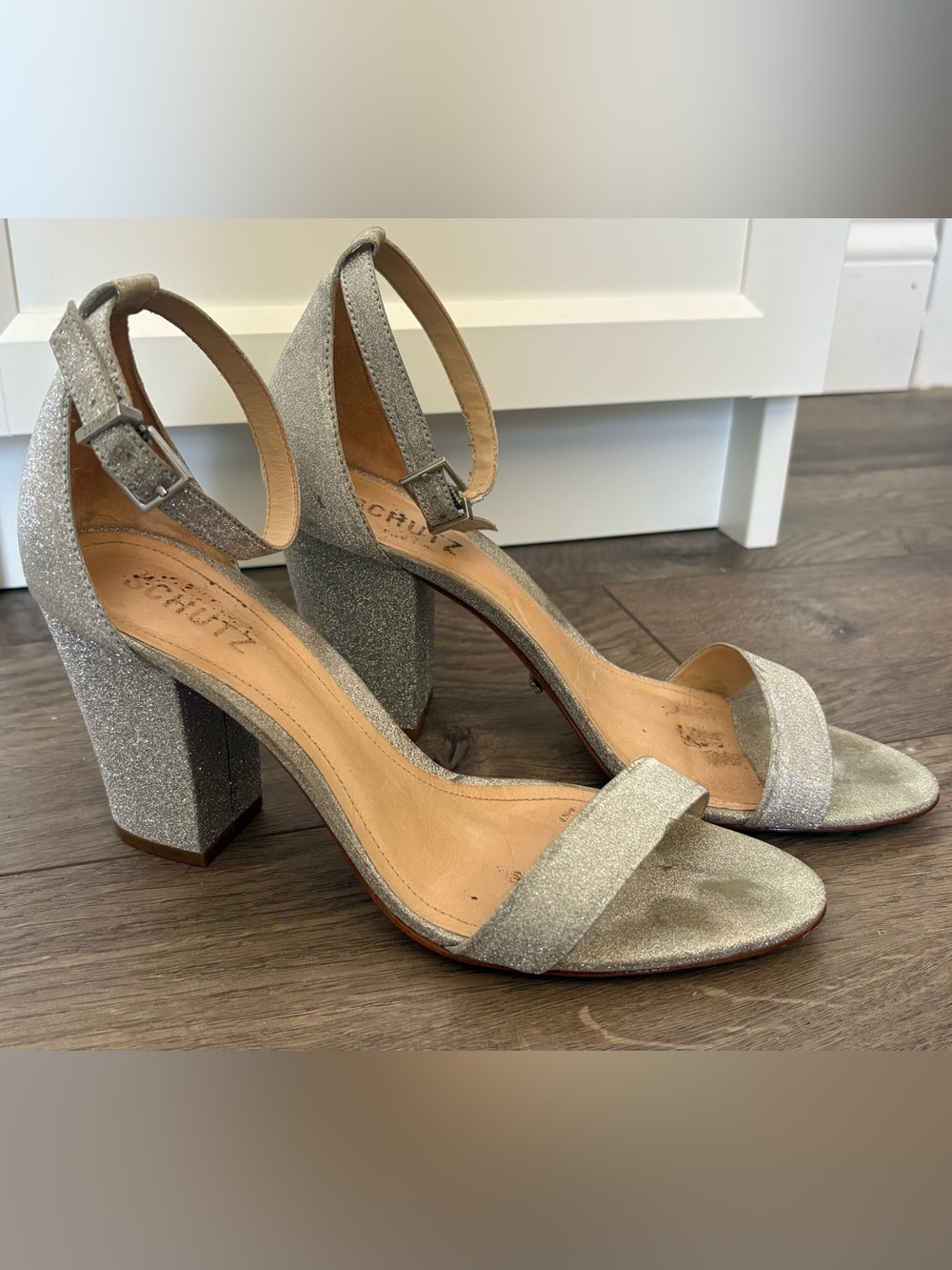 SCHUTZ Silver Glitter Block Heel Sandals